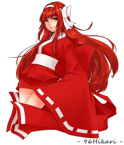 Anime picture 3000x3507 with original 96hikari single long hair tall image looking at viewer fringe highres simple background smile hair between eyes white background signed payot red hair traditional clothes japanese clothes wide sleeves bare legs orange eyes