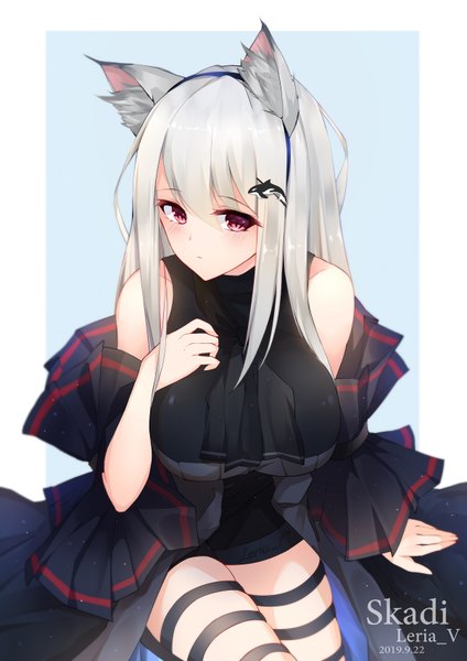 Anime picture 1201x1700 with arknights skadi (arknights) leria v single long hair tall image looking at viewer blush fringe breasts simple background hair between eyes red eyes large breasts sitting bare shoulders signed animal ears silver hair head tilt