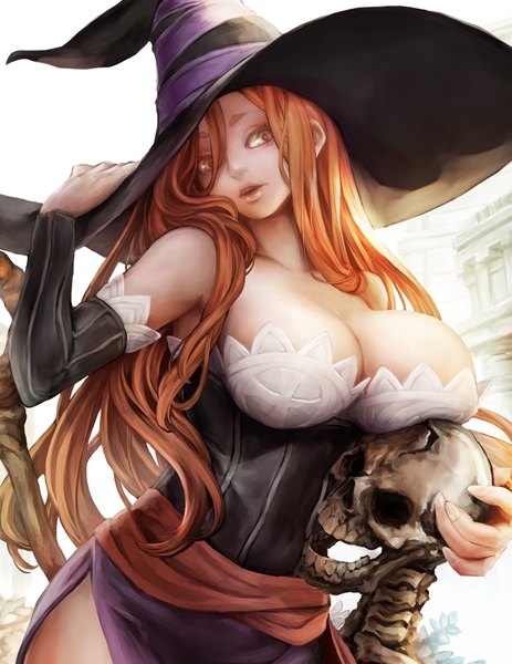 Anime picture 850x1100 with dragon's crown vanillaware sorceress (dragon's crown) nabe (artist) single long hair tall image breasts open mouth light erotic large breasts brown eyes cleavage orange hair arm support skeleton girl detached sleeves witch hat staff