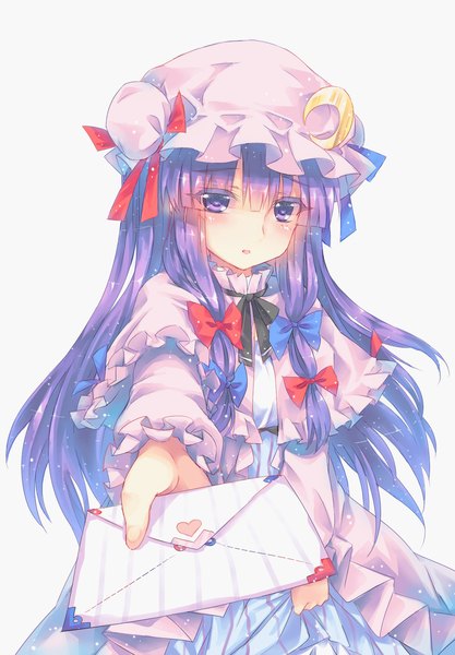 Anime-Bild 1216x1748 mit touhou patchouli knowledge north abyssor single long hair tall image looking at viewer fringe simple background hair between eyes white background purple eyes purple hair parted lips outstretched hand girl bow hair bow hat heart