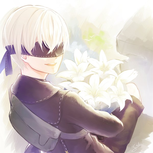 Anime picture 1024x1024 with nier nier:automata yorha no. 9 type s kicchan single fringe short hair open mouth smile hair between eyes sitting signed white hair looking back from above blindfold boy flower (flowers) animal shorts
