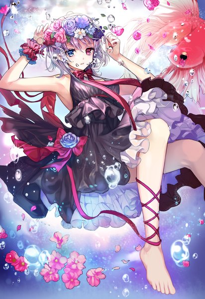 Anime picture 1500x2184 with original uuhui single tall image short hair silver hair barefoot heterochromia girl dress flower (flowers) ribbon (ribbons) animal petals frills bowtie moon bubble (bubbles) fish (fishes)