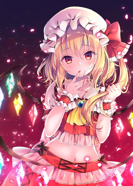 Anime picture 715x1000 with touhou flandre scarlet nemuri nemu single tall image looking at viewer blush fringe short hair blonde hair hair between eyes red eyes head tilt sparkle midriff one side up holding hair girl hat wings