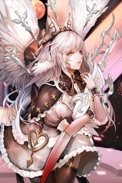 Anime picture 740x1110 with original dapang single long hair tall image looking at viewer fringe blue eyes standing white hair light smile hug fantasy head wings blood stains red moon girl thighhighs hair ornament weapon