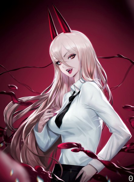 Anime picture 1508x2048 with chainsaw man mappa power (chainsaw man) paul (shiramune) single long hair tall image looking at viewer fringe breasts open mouth simple background blonde hair hair between eyes large breasts standing long sleeves nail polish head tilt :d