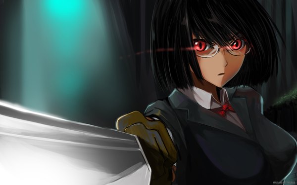 Anime picture 1920x1200 with durarara!! brains base (studio) sonohara anri single highres short hair black hair red eyes wide image girl weapon sword glasses serafuku katana