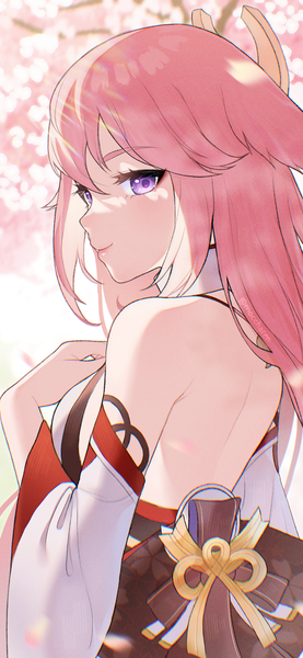 Anime picture 1125x2436 with genshin impact yae miko mokaren single long hair tall image looking at viewer fringe breasts light erotic hair between eyes purple eyes pink hair upper body traditional clothes japanese clothes looking back wide sleeves cherry blossoms back
