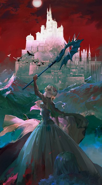Anime picture 1000x1813 with fire emblem fire emblem: three houses nintendo edelgard von hresvelg dimitri alexandre blaiddyd minty0 tall image short hair standing purple eyes holding looking away sky outdoors white hair arm up horn (horns) solo focus mountain red sky