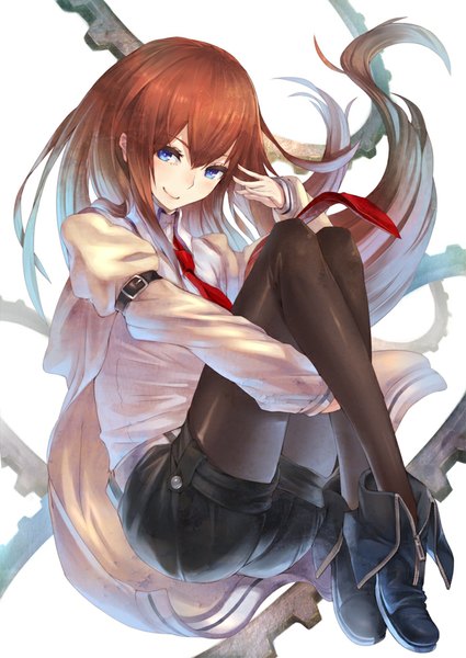 Anime picture 708x1000 with steins;gate white fox makise kurisu 2d (artist) single long hair tall image looking at viewer blue eyes smile brown hair girl pantyhose necktie shorts boots gears