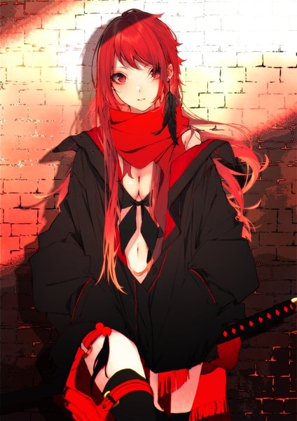 Anime picture 1414x2000 with original kuwashima rein single long hair tall image looking at viewer blush fringe breasts light erotic red eyes standing cleavage red hair parted lips off shoulder open jacket gradient hair sheathed hands in pockets