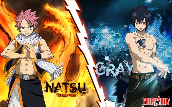 Anime picture 1280x800 with fairy tail natsu dragneel gray fullbuster natsudrgonil short hair black hair wide image pink hair black eyes inscription tattoo sleeveless coloring magic topless muscle boy scarf pants cross