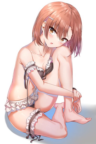 Anime picture 2237x3326 with to aru kagaku no railgun j.c. staff misaka mikoto nyung single tall image looking at viewer blush fringe highres short hair breasts open mouth light erotic simple background hair between eyes brown hair white background sitting bare shoulders