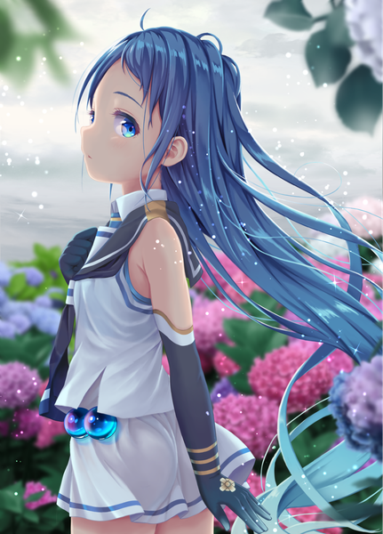 Anime picture 1151x1600 with kantai collection samidare destroyer hane yoshiyumi single long hair tall image looking at viewer blue eyes light erotic standing blue hair outdoors profile sparkle girl uniform flower (flowers) serafuku hydrangea