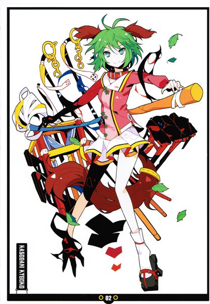 Anime picture 2108x3040 with touhou kasodani kyouko ideolo single tall image looking at viewer highres short hair smile white background green eyes full body long sleeves pleated skirt fingernails green hair scan character names border sharp fingernails