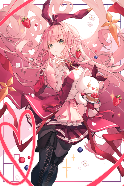 Anime picture 2000x2987 with arcaea kou (arcaea) miyu (miy u1308) single tall image looking at viewer fringe highres simple background holding green eyes pink hair blunt bangs braid (braids) very long hair parted lips wide sleeves lacing heart of string girl