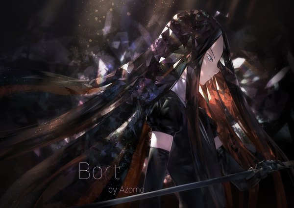 Anime picture 2263x1600 with houseki no kuni bort azomo single long hair highres black hair signed upper body profile black eyes puffy sleeves character names androgynous gloves weapon sword black gloves elbow gloves katana