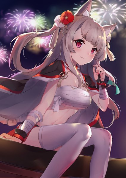 Anime picture 2480x3508 with azur lane yuudachi (azur lane) yuudachi (shogun of snowballs) (azur lane) bada (jksh5056) single long hair tall image looking at viewer blush fringe highres breasts light erotic red eyes large breasts sitting animal ears outdoors blunt bangs nail polish