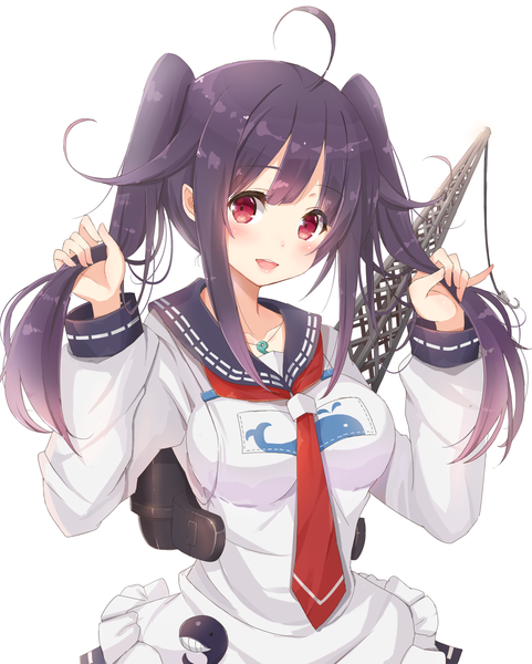 Anime picture 950x1185 with kantai collection taigei light aircraft carrier kagerou (shadowmage) single long hair tall image blush open mouth black hair smile red eyes white background twintails upper body ahoge :d alternate hairstyle holding hair girl necktie