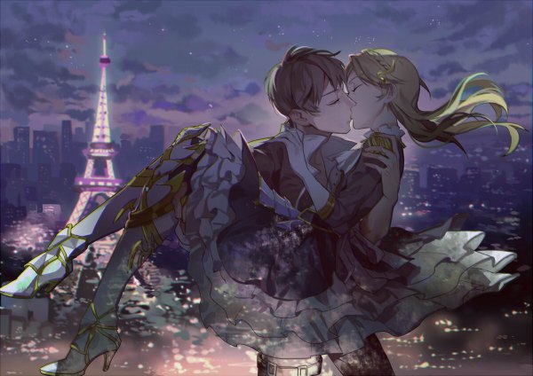 Anime picture 1200x848 with original rosele long hair fringe blonde hair brown hair standing holding cloud (clouds) bent knee (knees) eyes closed night high heels night sky city cityscape kiss city lights girl dress