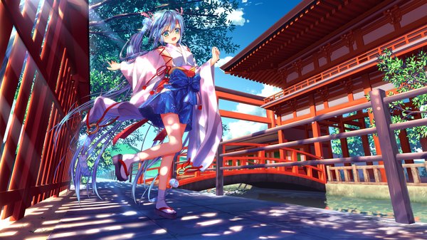 Anime picture 1920x1080 with vocaloid hatsune miku nazu-na single looking at viewer highres open mouth wide image twintails very long hair traditional clothes japanese clothes aqua eyes aqua hair wide sleeves wallpaper scenic leg up girl ribbon (ribbons)