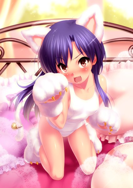 Anime picture 1000x1412 with idolmaster kisaragi chihaya zen (kamuro) single long hair tall image looking at viewer blush open mouth light erotic brown eyes animal ears blue hair girl swimsuit bed white school swimsuit