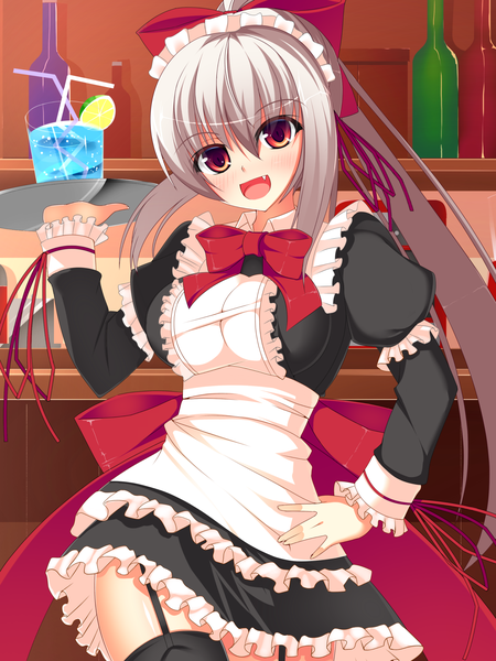 Anime picture 2430x3240 with original inui kentarou single long hair tall image looking at viewer blush highres open mouth red eyes white hair ponytail maid girl uniform bow frills headdress maid headdress