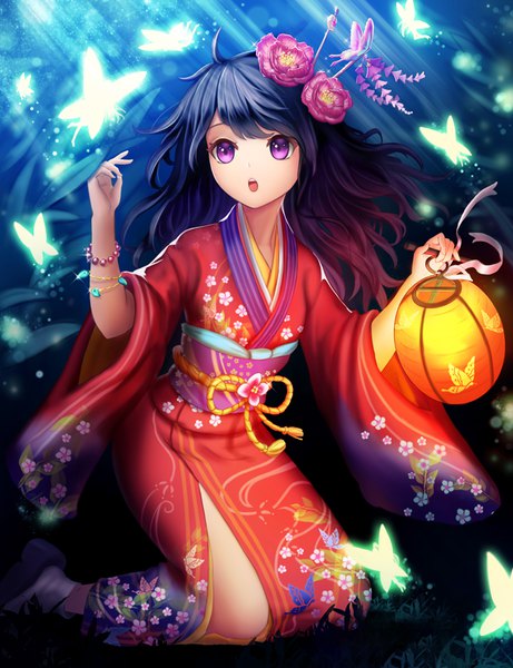 Anime picture 650x845 with original kankito single long hair tall image fringe open mouth black hair holding looking away full body ahoge outdoors traditional clothes japanese clothes pink eyes hair flower night wide sleeves teeth