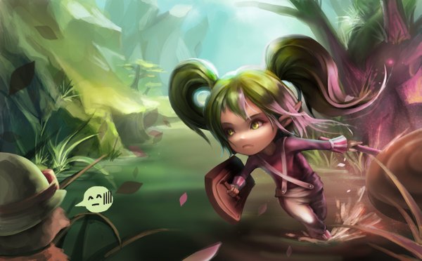 Anime picture 1237x768 with league of legends teemo (league of legends) poppy (league of legends) lollipoppy foliage (artist) long hair wide image twintails green eyes green hair pointy ears girl hat tree (trees) food sweets forest candy lollipop clothes