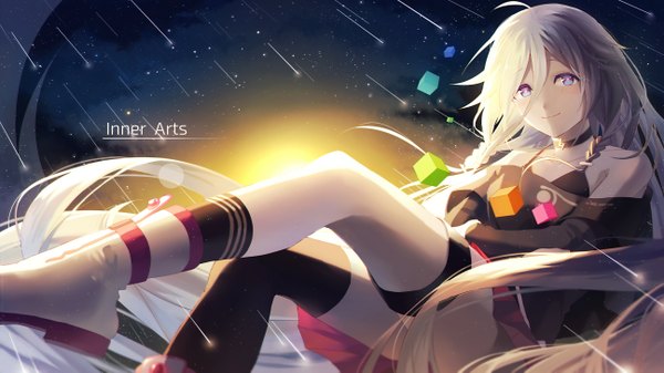 Anime picture 2592x1458 with vocaloid ia (vocaloid) p.rupon single long hair looking at viewer highres blue eyes smile wide image twintails bare shoulders bent knee (knees) white hair sunlight night night sky sunbeam meteor rain girl
