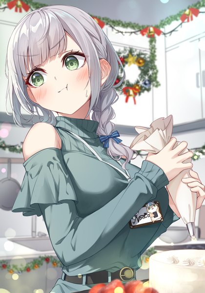 Anime picture 2800x4000 with virtual youtuber hololive shirogane noel tang-du single long hair tall image blush highres breasts large breasts green eyes looking away silver hair indoors braid (braids) long sleeves depth of field single braid christmas