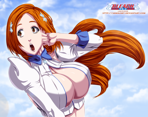 Anime picture 2014x1600 with bleach studio pierrot inoue orihime iitheluciferii single long hair highres breasts open mouth light erotic large breasts sky cloud (clouds) orange hair inscription orange eyes coloring girl