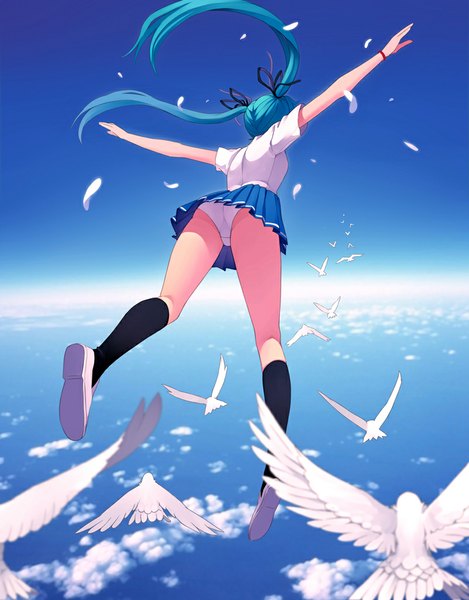 Anime picture 800x1022 with vocaloid hatsune miku fkey single long hair tall image light erotic twintails sky cloud (clouds) pleated skirt from behind aqua hair spread arms flying flock girl skirt uniform underwear