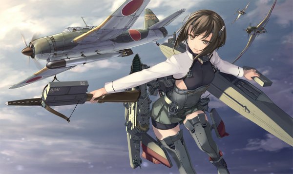 Anime picture 1200x715 with kantai collection taihou armored aircraft carrier rokuwata tomoe single fringe short hair brown hair wide image brown eyes looking away sky cloud (clouds) parted lips pleated skirt leaning leaning forward turning head flat chest spread arms leg lift (legs lift)