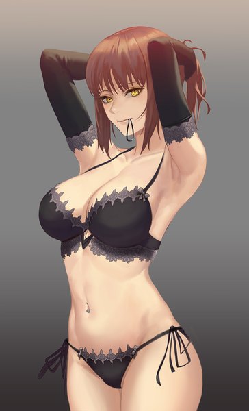 Anime picture 1000x1647 with chainsaw man mappa makima (chainsaw man) pumpkin king single tall image looking at viewer fringe short hair breasts light erotic simple background brown hair large breasts standing holding yellow eyes payot cleavage blunt bangs