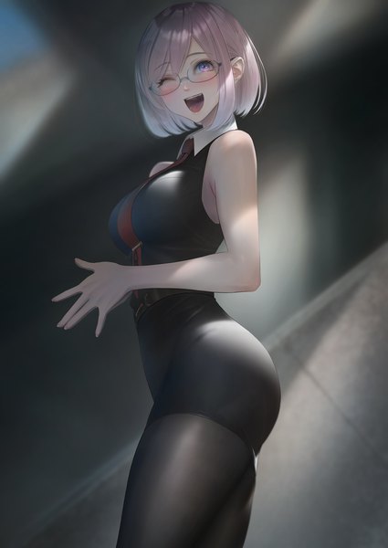 Anime picture 1275x1800 with fate (series) fate/grand order mash kyrielight imizu (nitro unknown) single tall image looking at viewer blush fringe short hair open mouth smile standing purple eyes bare shoulders payot pink hair one eye closed wink teeth