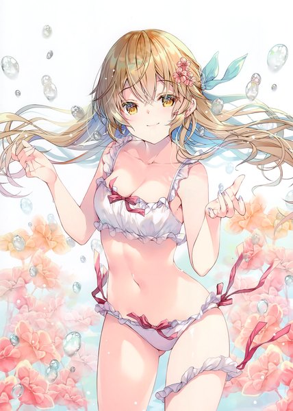 Anime picture 2105x2952 with original miwabe sakura single long hair tall image looking at viewer fringe highres breasts light erotic hair between eyes brown hair brown eyes hair flower scan bare belly floating hair ass visible through thighs underwater girl