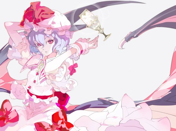 Anime picture 2675x1986 with touhou remilia scarlet 119 single looking at viewer fringe highres short hair hair between eyes white background blue hair parted lips pink eyes short sleeves bat wings girl skirt bow hat wings