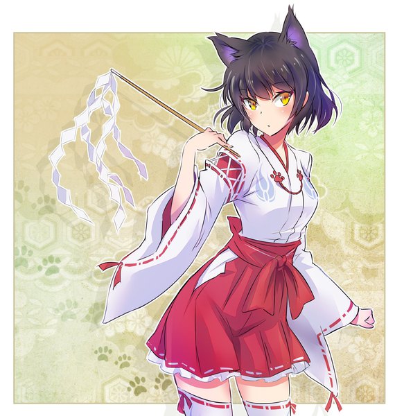 Anime picture 1310x1380 with rwby rooster teeth blake belladonna iesupa single tall image looking at viewer fringe short hair black hair animal ears yellow eyes long sleeves traditional clothes japanese clothes cat ears border nontraditional miko paw print outline