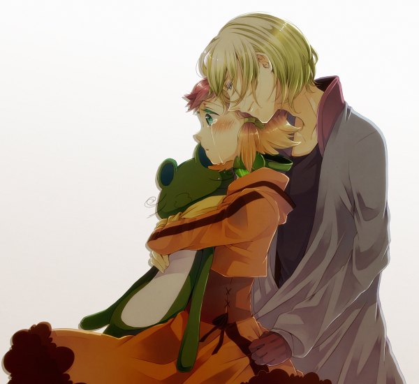 Anime picture 1200x1100 with aquarion (series) aquarion evol satelight jin musou yunoha thrul blush short hair simple background blonde hair white background green eyes red hair multicolored hair orange hair couple tears crying girl boy toy