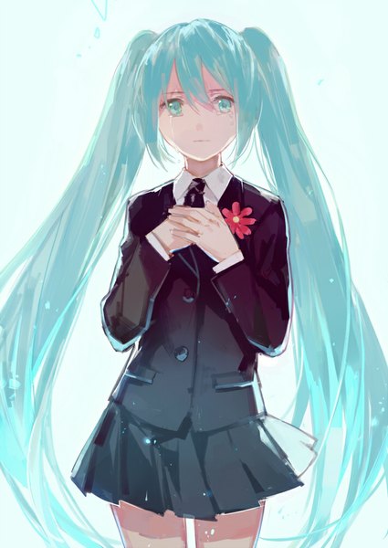 Anime picture 709x1000 with vocaloid saihate (vocaloid) hatsune miku cotta single long hair tall image looking at viewer blush twintails aqua eyes aqua hair tears hand on chest crying sad girl skirt uniform hair ornament