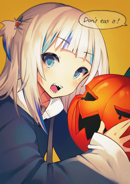 Anime picture 1505x2128 with virtual youtuber hololive hololive english gawr gura gawr gura (1st costume) nerutora single long hair tall image looking at viewer blush open mouth blue eyes simple background white hair multicolored hair teeth streaked hair text halloween