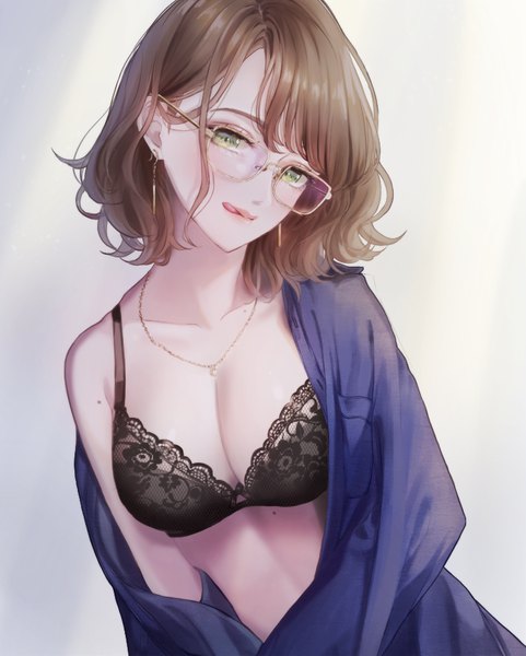 Anime picture 746x930 with original magako single tall image looking at viewer blush fringe short hair breasts light erotic simple background hair between eyes brown hair large breasts green eyes cleavage upper body off shoulder mole licking