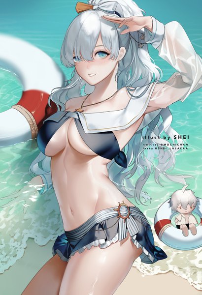 Anime picture 1398x2048 with fate (series) fate/grand order anastasia (fate) kadoc zemlupus anastasia (swimsuit archer) (fate) shei99 single long hair tall image fringe breasts blue eyes light erotic hair between eyes large breasts signed silver hair ponytail partially submerged underboob