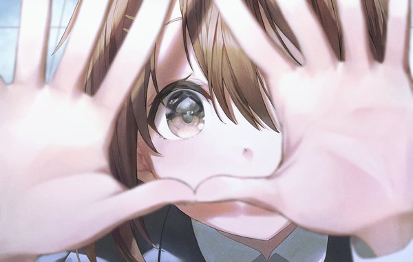 Anime-Bild 4093x2600 mit k-on! kyoto animation hirasawa yui fudepenbrushpen single fringe highres short hair hair between eyes brown hair brown eyes absurdres arms up depth of field looking up face covering covering face girl bobby pin