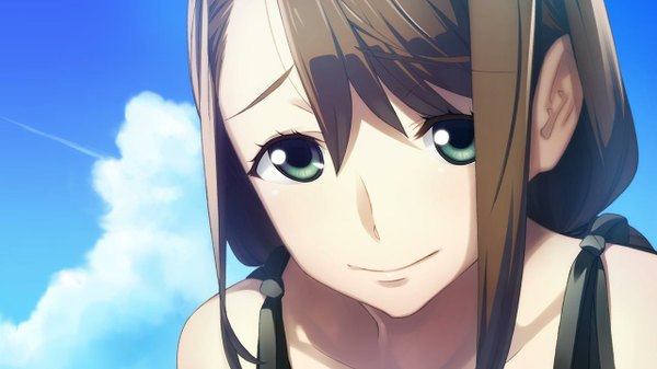 Anime picture 1280x720 with robotics;notes production i.g fukuda tomonori single long hair looking at viewer brown hair wide image green eyes sky cloud (clouds) light smile face girl