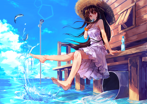 Anime picture 1754x1240 with original hopepe single long hair looking at viewer fringe highres hair between eyes red eyes brown hair sitting bare shoulders holding payot sky cloud (clouds) bent knee (knees) outdoors barefoot wind