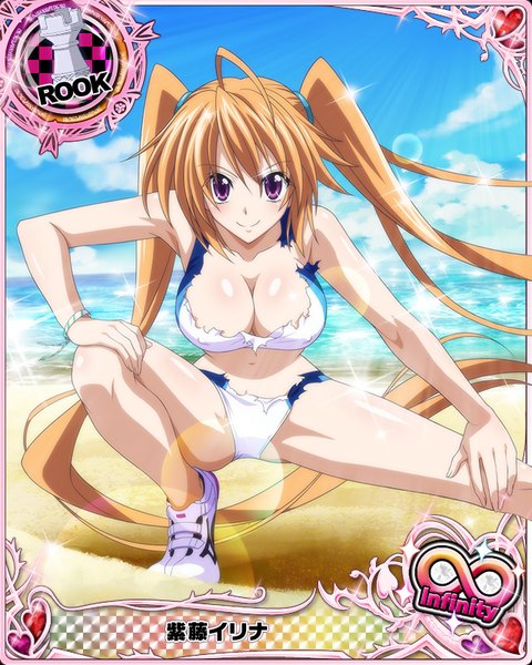 Anime picture 640x800 with highschool dxd shidou irina single tall image looking at viewer blush breasts light erotic smile brown hair large breasts purple eyes twintails cleavage very long hair torn clothes card (medium) exercise girl navel