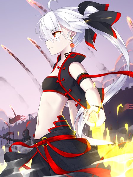 Anime picture 1800x2400 with original hwh666 long hair tall image fringe highres red eyes standing bare shoulders holding looking away white hair ponytail open clothes bare belly outstretched arm solo focus serious battle knight