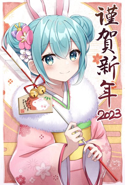 Anime picture 2390x3541 with vocaloid hatsune miku noneon319 single tall image looking at viewer blush fringe highres short hair smile hair between eyes animal ears upper body traditional clothes japanese clothes aqua eyes aqua hair bunny ears new year