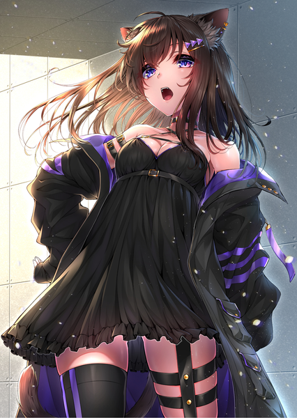 Anime picture 1447x2039 with original routo (rot 0) single long hair tall image looking at viewer fringe breasts open mouth brown hair standing purple eyes animal ears tail long sleeves animal tail cat ears off shoulder open jacket cat girl